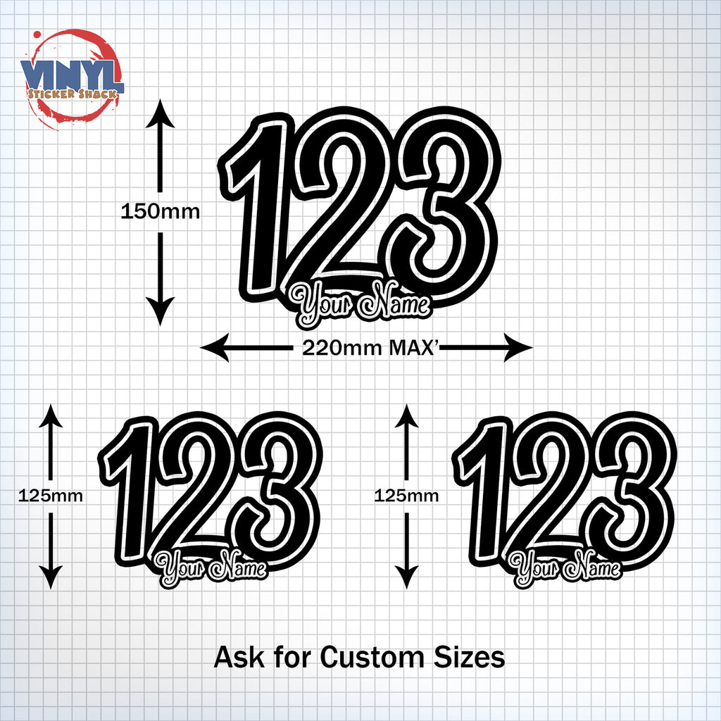 3 x Custom Race Numbers With Name - Shack Style – Vinyl Sticker Shack