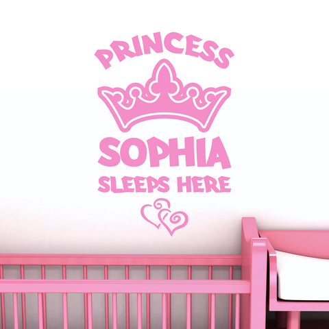 Personalised Princess Name Wall Sticker with Crown and Hearts